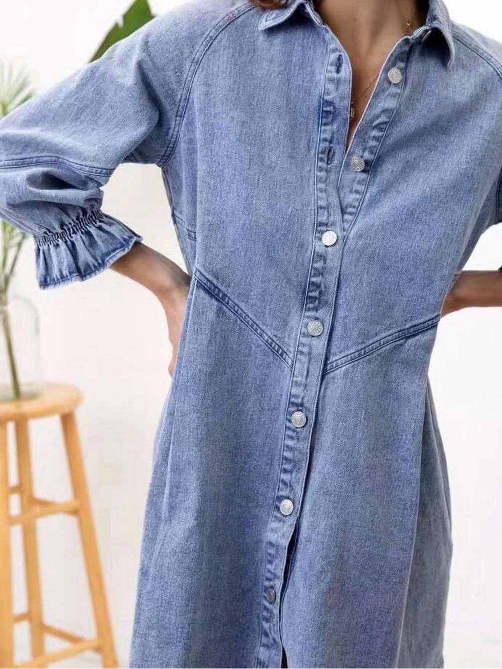 Light Blue Denim Mini Shirt Dress with Button Front - Picture 2 of 5